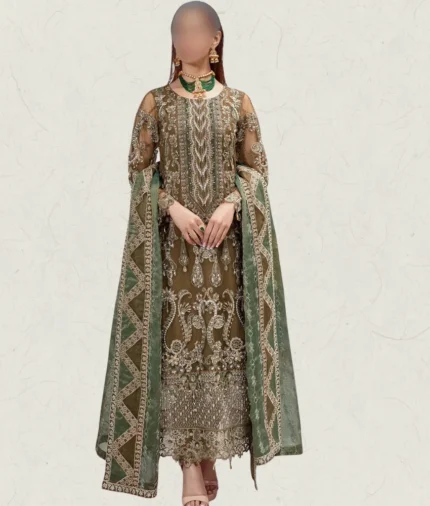Olive Green Luxury Long Length hand made embroidery net dress