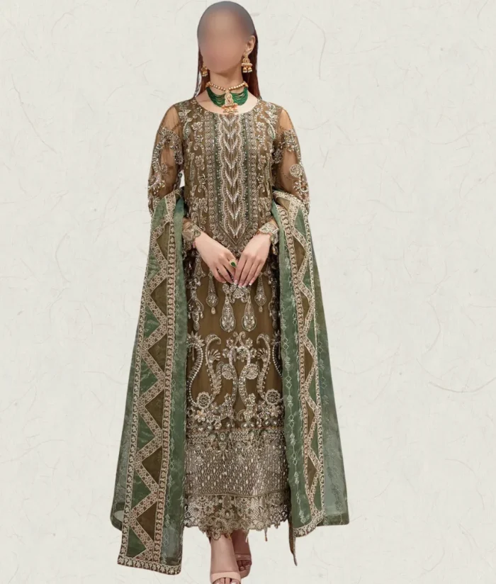 Olive Green Luxury Long Length hand made embroidery net dress