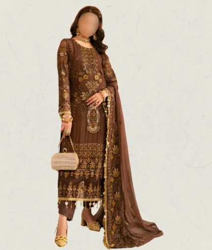 Brown Embroidered Chiffon Dress for Wedding