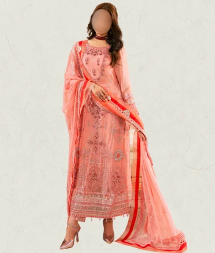 Pink Embroidered Long Chiffon Dress with Silver Detailing