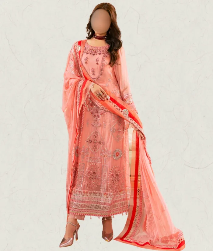 Pink Embroidered Long Chiffon Dress with Silver Detailing
