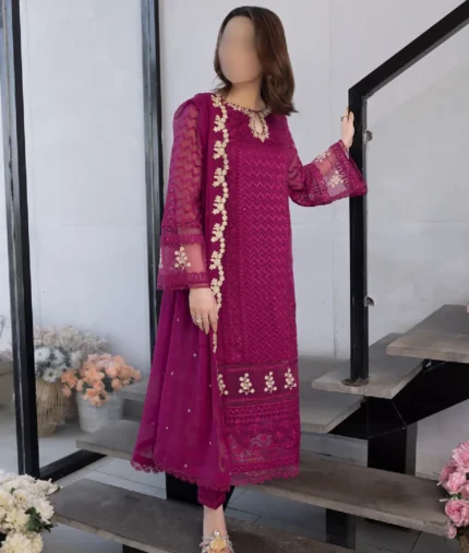 Magenta Thread Embroidery work chiffon dress with hand embroidery neck