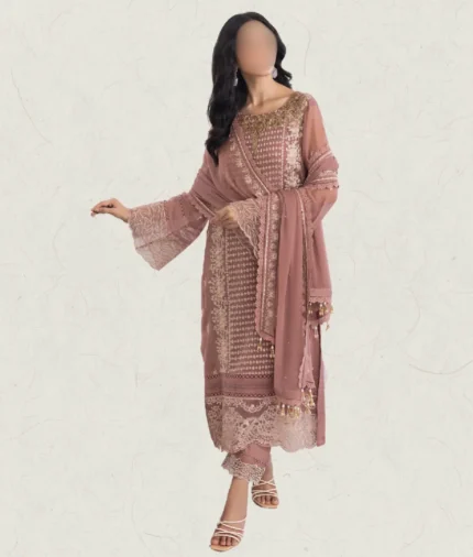elegant pinkish-beige Long length embroidered chiffon dress with soft silk trouser and chiffon dupatta