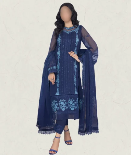 Blue embroidered Chiffon Dress with hand-made embroidery neckline