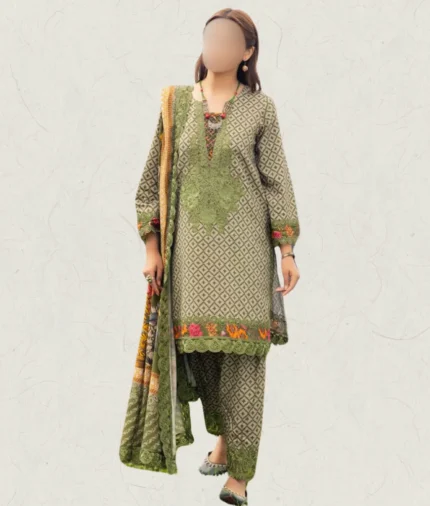 Stitched Linen Green Printed Dress with embroidery details