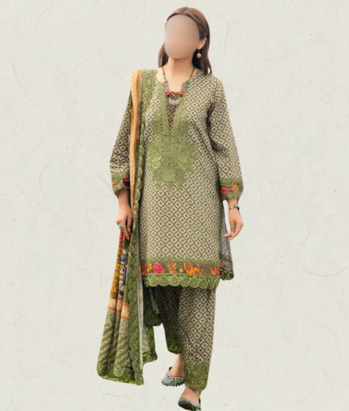 Stitched Linen Green Printed Dress with embroidery details