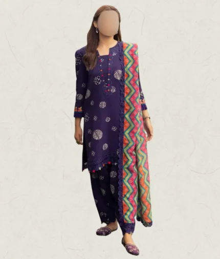 Stitched Purple Dotted Printed Linen Suit With Embroidery Accents