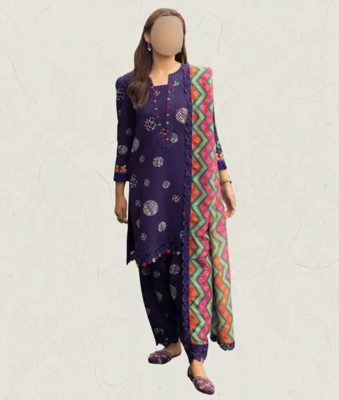 Stitched Purple Dotted Printed Linen Suit With Embroidery Accents