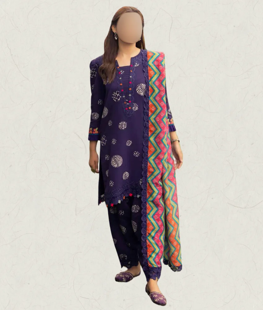 CH Linen -2402 Stitched Purple Dotted Printed Linen Suit With Embroidery Accents