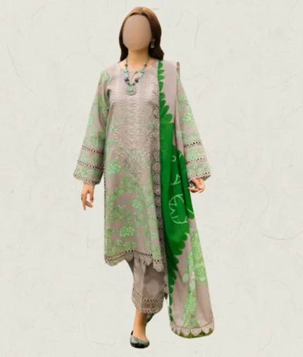 pretty Light Green Floral Vine Printed Linen Suit with Embroidery & Lace Detailing