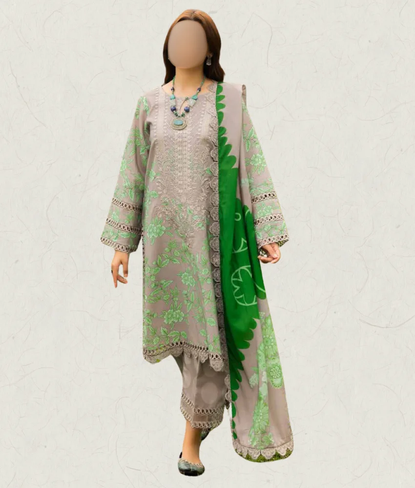 CH Linen -2403 (3) pretty Light Green Floral Vine Printed Linen Suit with Embroidery & Lace Detailing