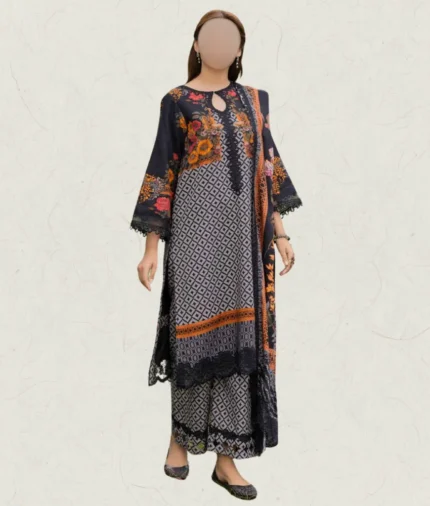Geometric & Floral Printed Linen Suit With embroidery Details