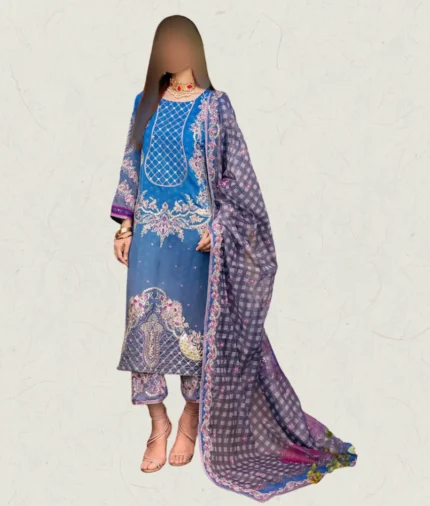 Blue & Grey Embroidered Suit With Fancy Dupatta