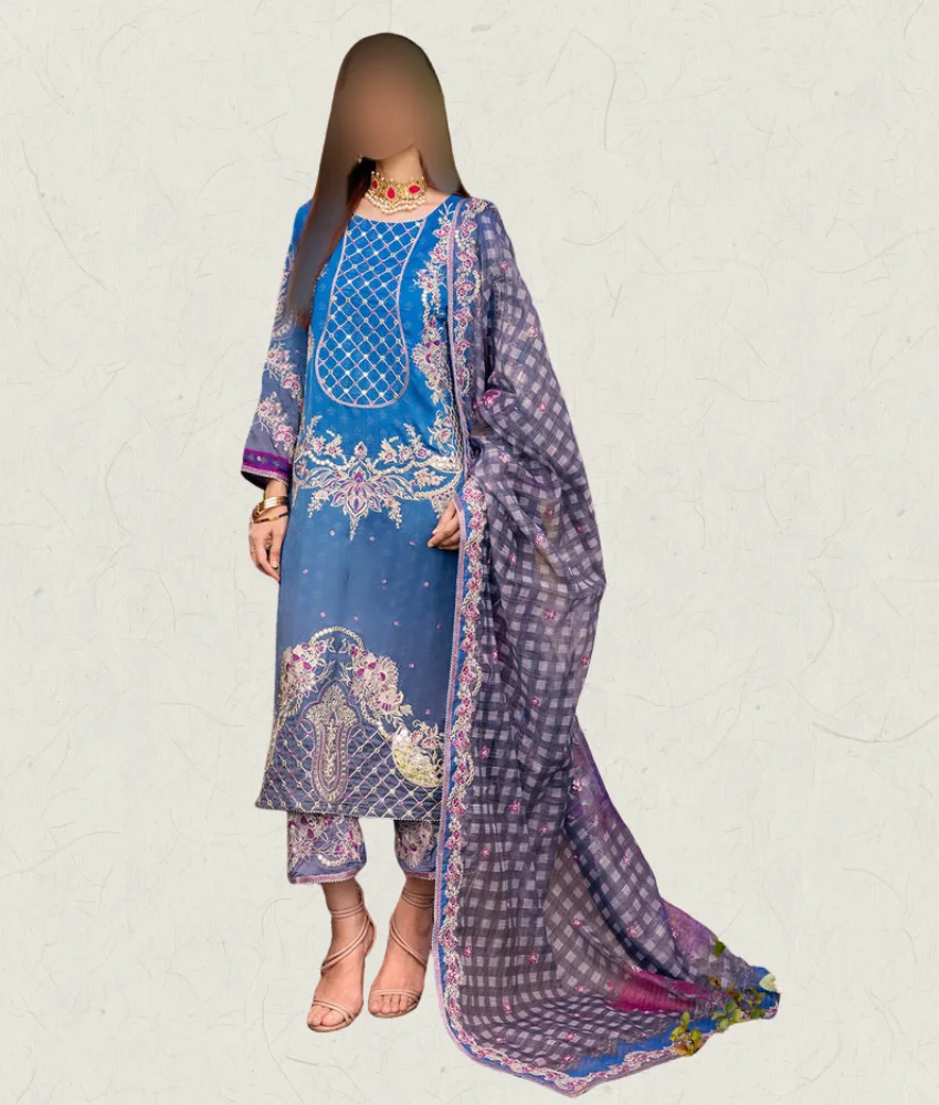 Ch Linen (3) Blue & Grey Embroidered Suit With Fancy Dupatta