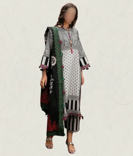 Beige Linen Suit With Black Print & Embroidery Details