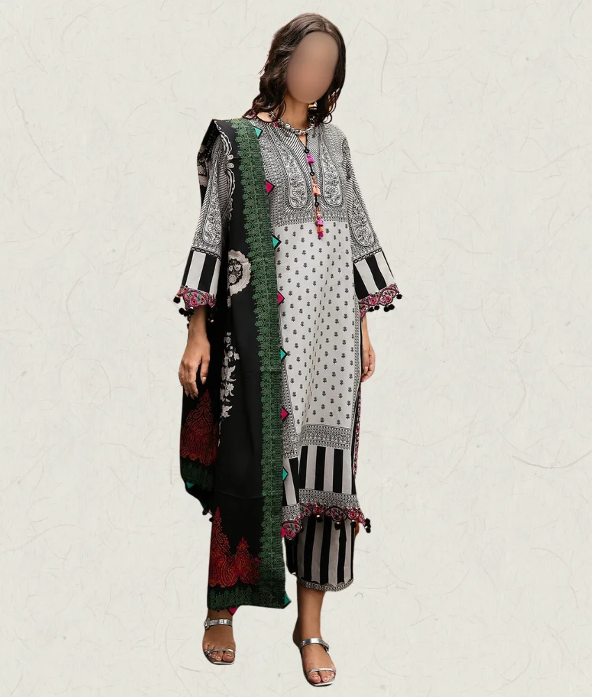 Ch Linen Beige Beige Linen Suit With Black Print & Embroidery Details