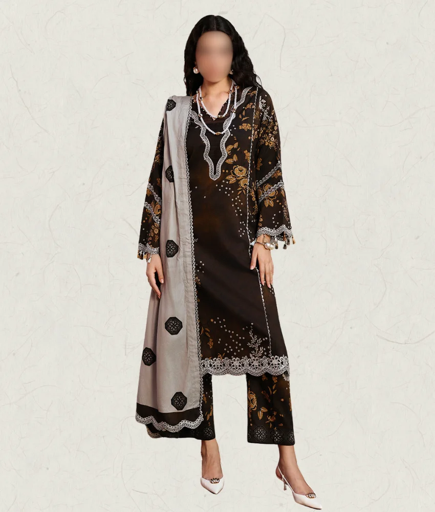 Ch Linen Brown Brown Printed Linen suit with Beige dot print dupatta