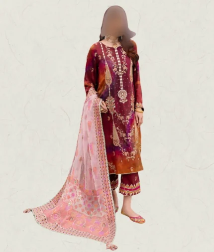 Maroon Tie & dye embroidered viscose suit with fancy dupatta