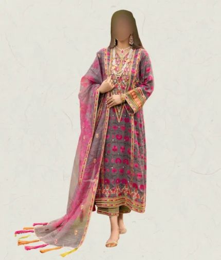 Luxury 3Pc Pink Floral Printed Viscose Dress with Gold embroidery details