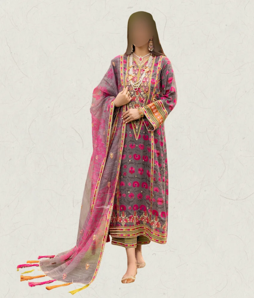 Ch najrani (6) Luxury 3Pc Pink Floral Printed Viscose Dress with Gold embroidery details