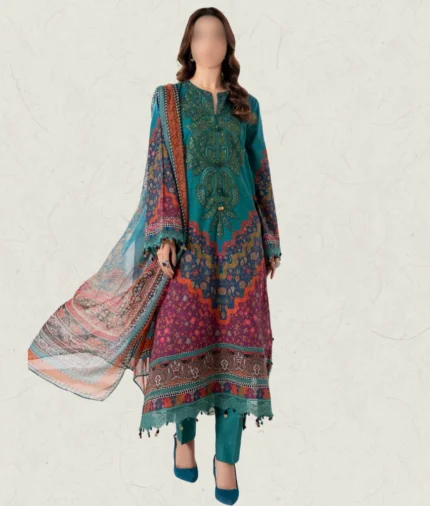 3- Pc Teal-Green Printed Cambric Suit with Embroidered Neckline