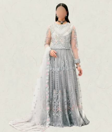 pakistani Grey handmade Embroidered Unstitched maxi for wedding