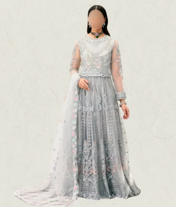 pakistani Grey handmade Embroidered Unstitched maxi for wedding