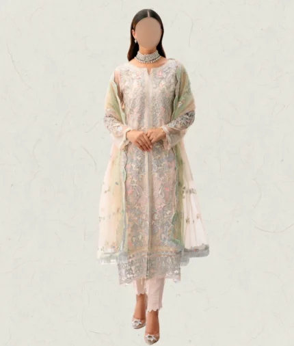 Pink Net wedding outfit with silver embroidery and elegant dupatta