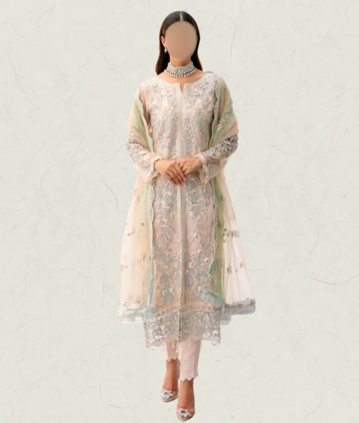 Pink Net wedding outfit with silver embroidery and elegant dupatta
