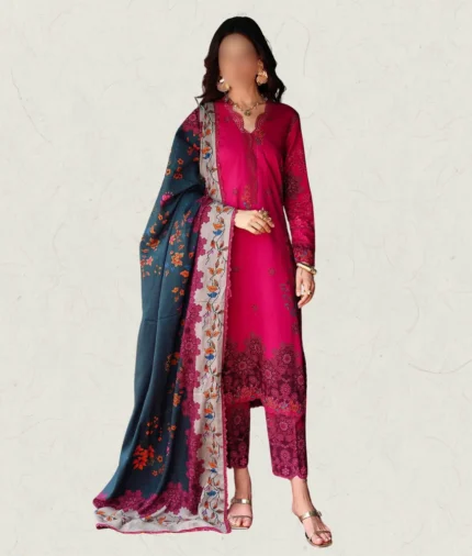 3-piece unstitched pink linen suit with embroidery details by charizma
