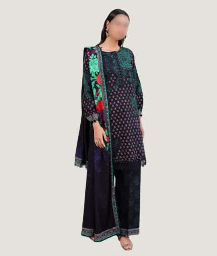 3-Piece black floral printed linen suit with embroidery details by charizma