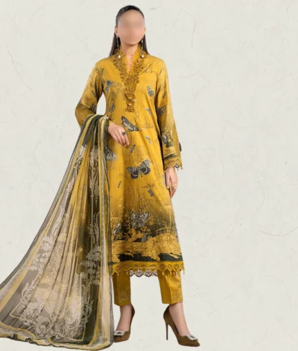 3-Piece mustard butterfly printed winter cambric salwar kameez with printed chiffon dupatta by maria b mprint