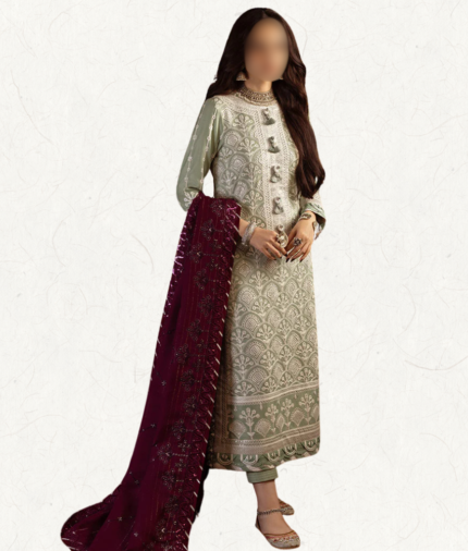 Asim Jofa Light Green Embroidered Winter Twill 3-Piece Suit with warm embroidered shawl