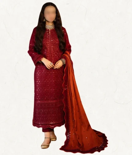 Asim Jofa Luxury Maroon Embroidered Self-Twill 3-Piece Suit with embroidered shawl