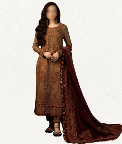 Asim Jofa Luxury Brown Embroidered Slub Raw Silk 3-Piece Suit