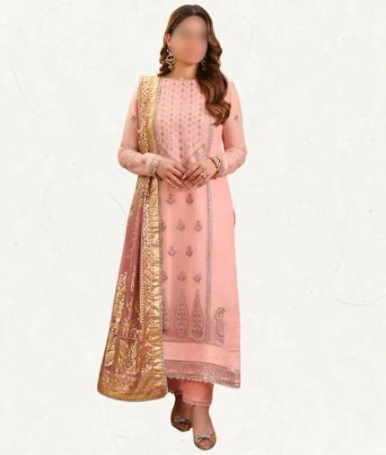 Asim Jofa pink embroidered chiffon 3-piece suit with foil printed dupatta