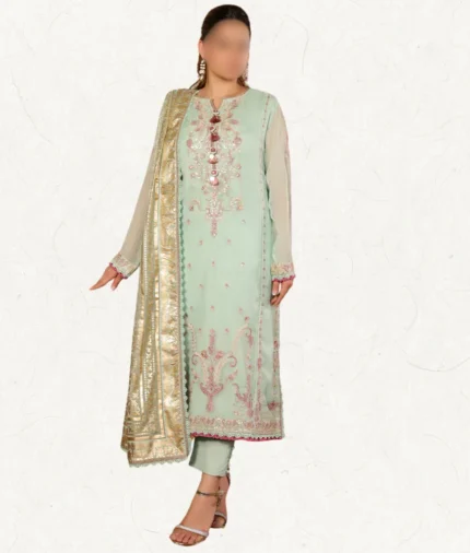 Asim Jofa green embroidered chiffon 3-piece suit with foil printed dupatta