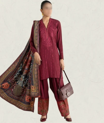 Pakistani Linen Embroidered suit with warm shawl